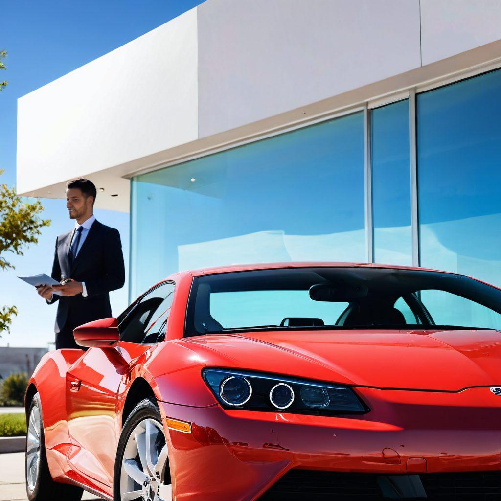 A sleek car parked under a protective, translucent shield symbolizing comprehensive auto protection plans. In the background, a calm insurance agent offering a reassuring handshake, surrounded by paperwork illustrating affordable car insurance. The sky is bright, reflecting a sense of security and trust. Vivid colors. super-realistic. white background.