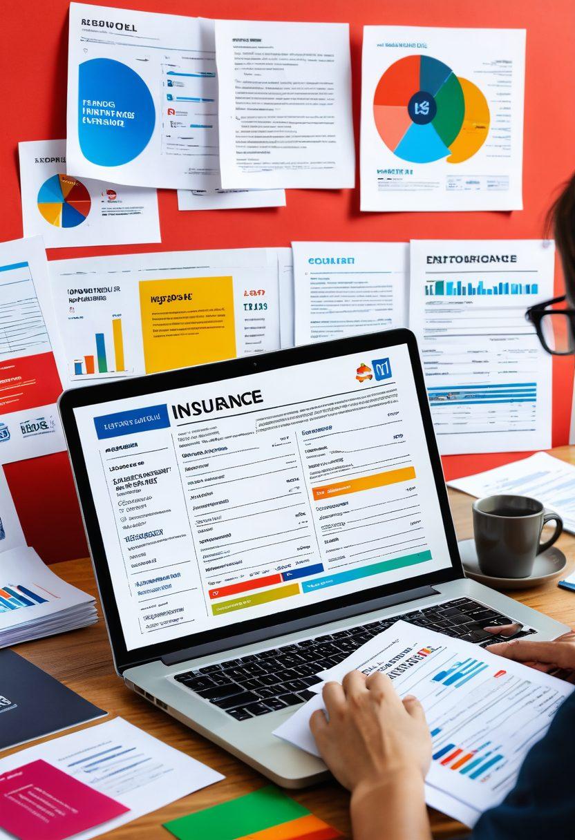 A visually engaging collage of car insurance documents, comparison charts, and vehicles in vibrant colors, representing various insurance options. Include a person thoughtfully reviewing insurance papers with a laptop in the background, symbolizing informed decision-making. Add icons of savings, shields, and customer support to emphasize best deals. super-realistic. vibrant colors. clean layout.